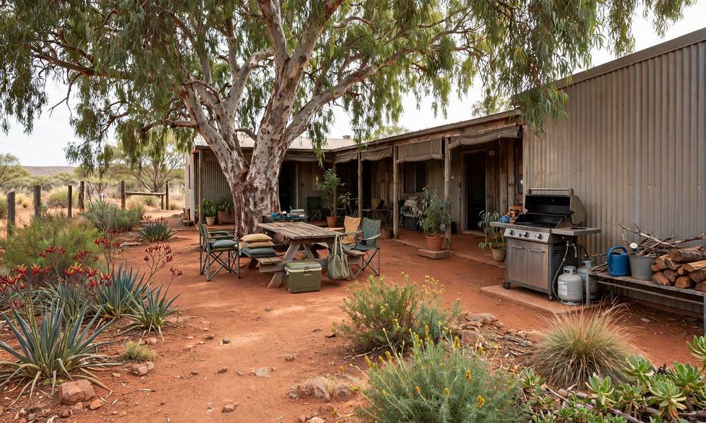 Shaded red-earth courtyard at an outback hostel in Alice Springs