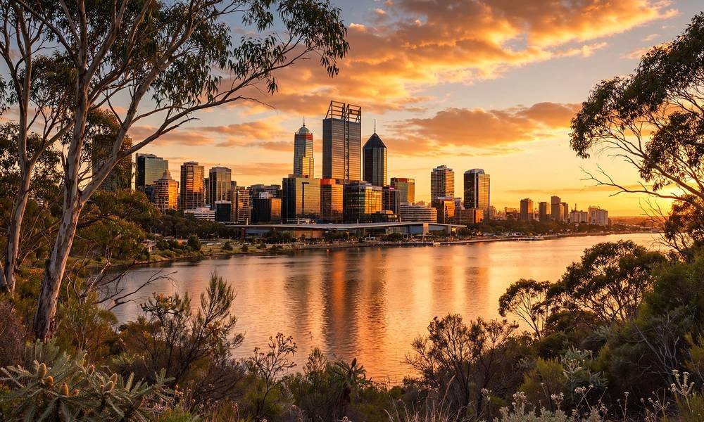 Perth city skyline at sunset seen from Kings Park across the Swan River