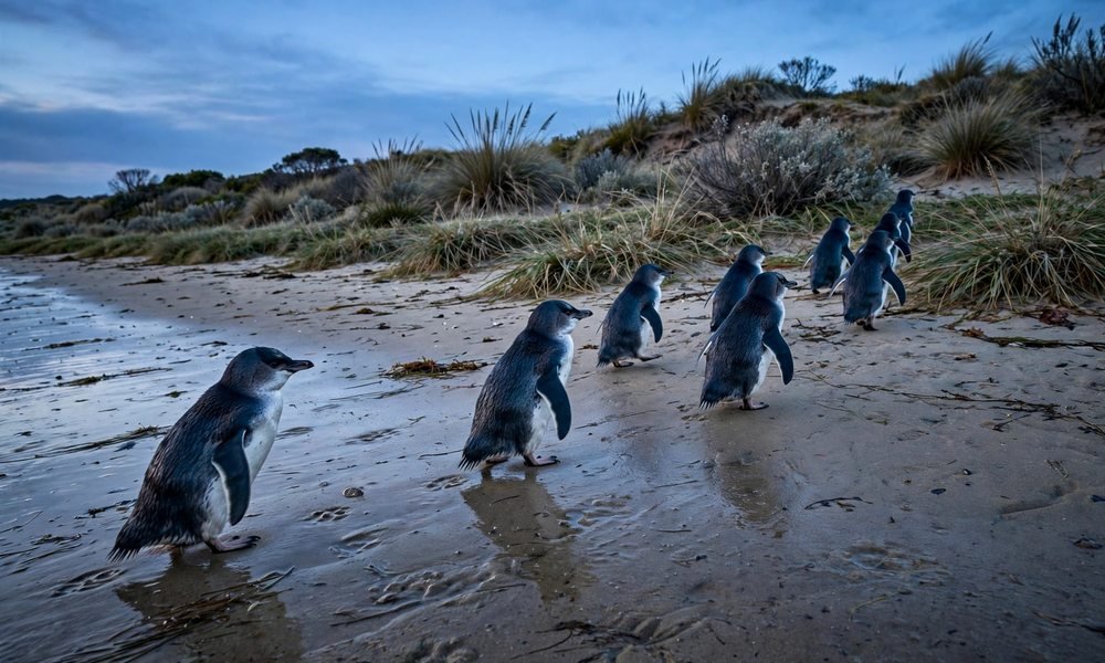 Little penguins crossing the beach at the Penguin Parade on Phillip Island at sunset