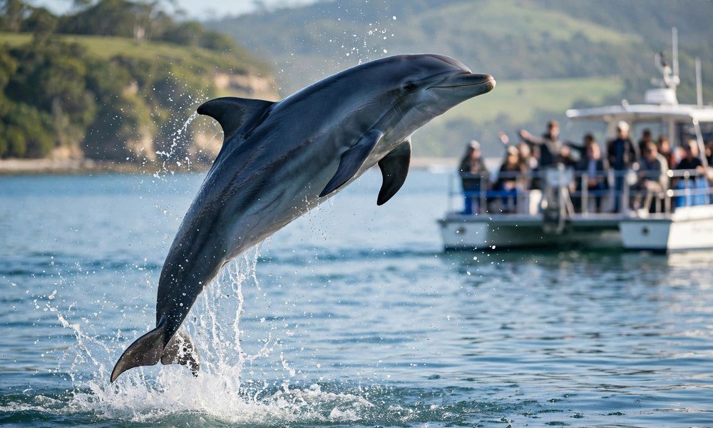 Bottlenose dolphin surfacing beside a cruise boat in Port Stephens bay