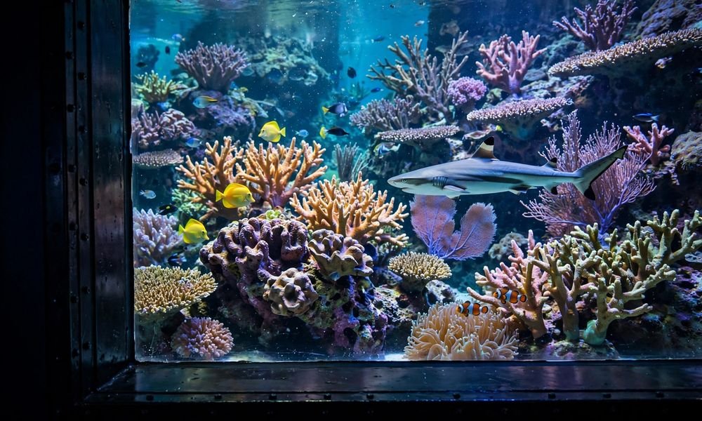 Living coral, tropical reef fish and a reef shark inside the Reef HQ aquarium exhibit in Townsville