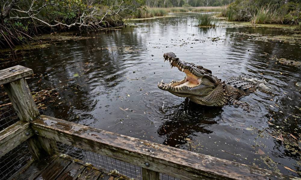 Saltwater crocodile with open jaws above the water surface
