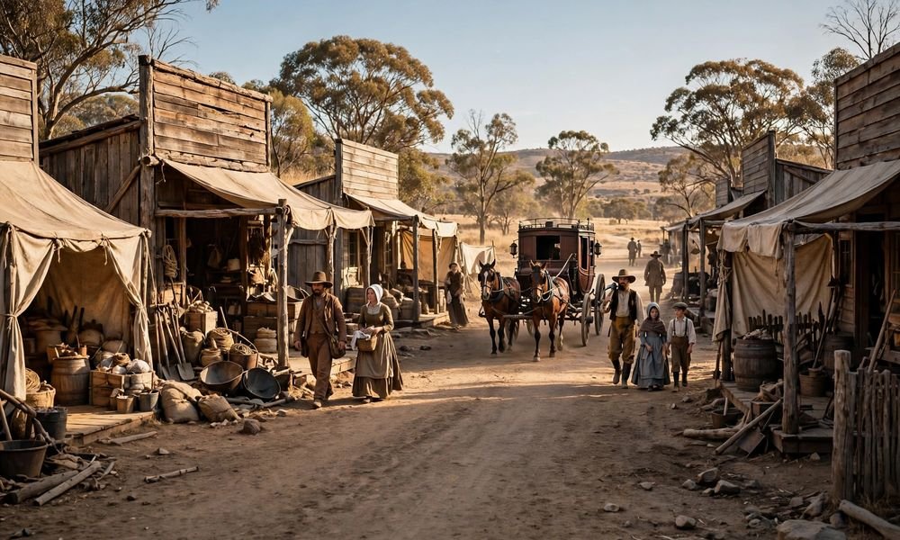 Recreated 1850s gold rush town main street at Sovereign Hill Ballarat with horse-drawn coach and costumed townspeople