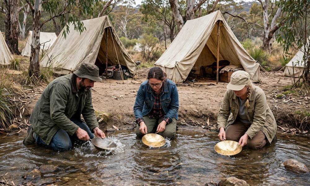 Visitors panning for gold in a shallow creek at the Sovereign Hill diggings with canvas tents on the bank