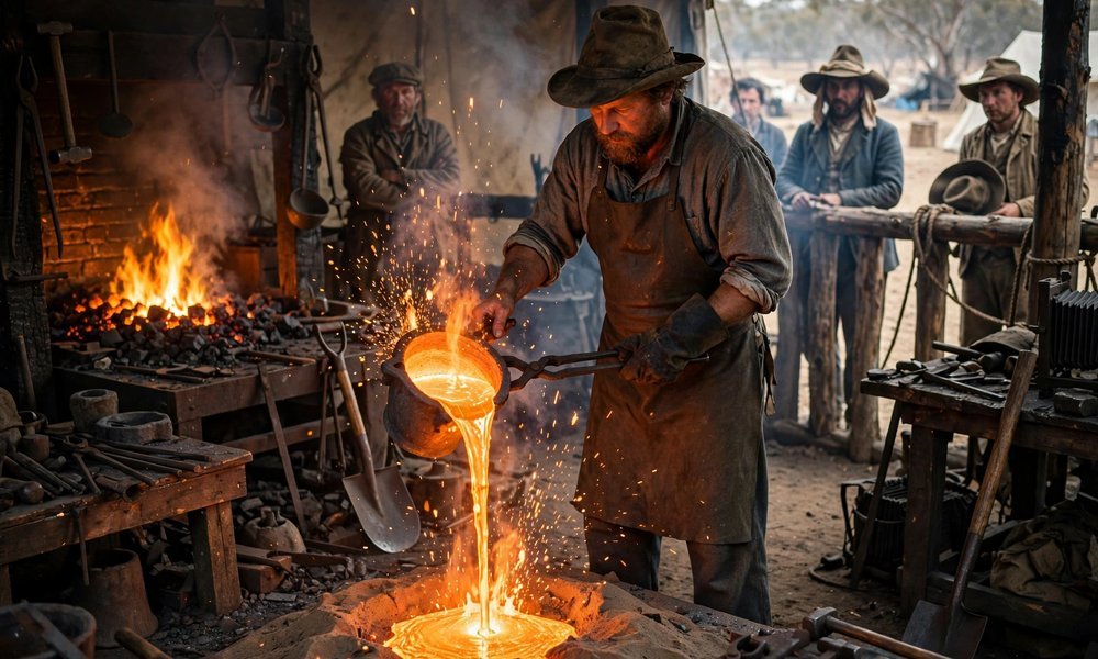 Blacksmith pouring glowing molten gold from a crucible during the gold pour demonstration at Sovereign Hill