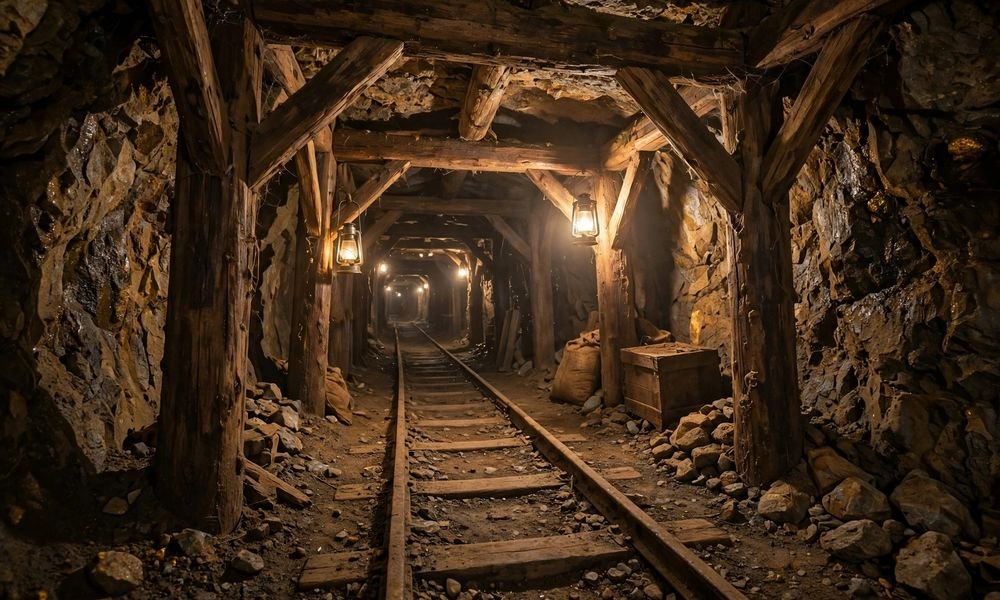 Timber-supported tunnel inside an old gold mine with lantern light along the passage