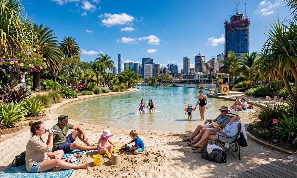 Streets Beach lagoon at South Bank Parklands with Brisbane city skyline behind it