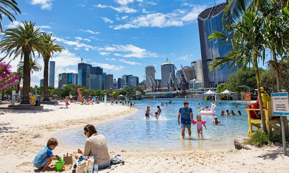 Streets Beach at South Bank Parklands with the Brisbane city skyline behind it