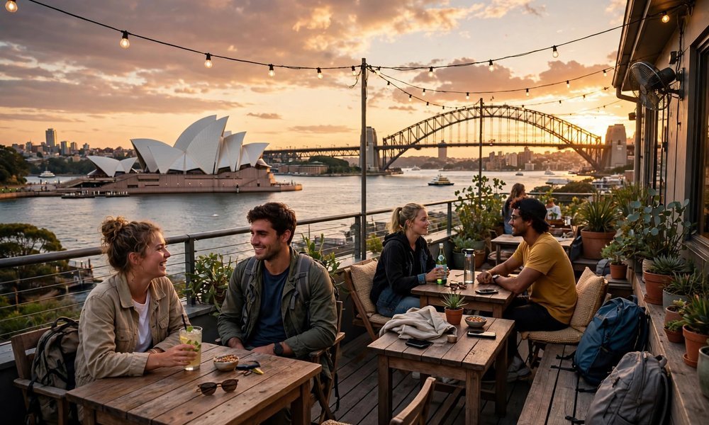 Sydney Harbour viewed from a hostel rooftop terrace at sunset