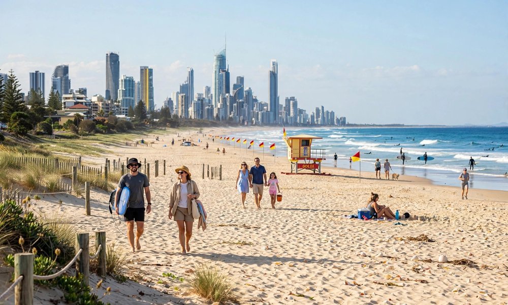 Surfers Paradise beach with the Gold Coast skyline behind it