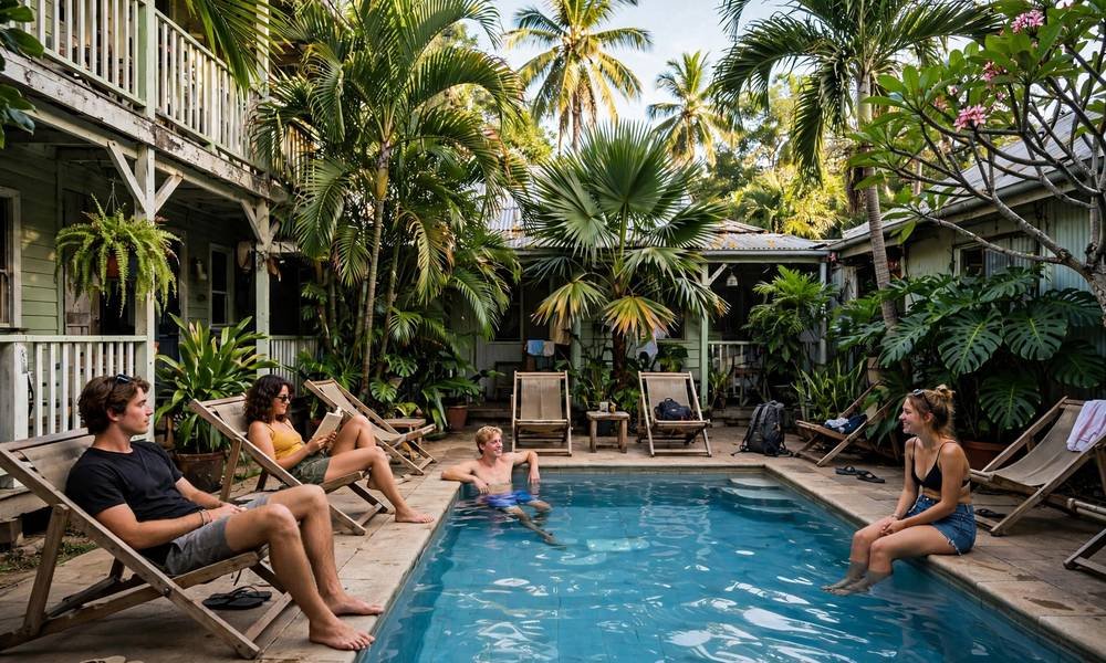 Tropical hostel swimming pool surrounded by palm trees in Queensland