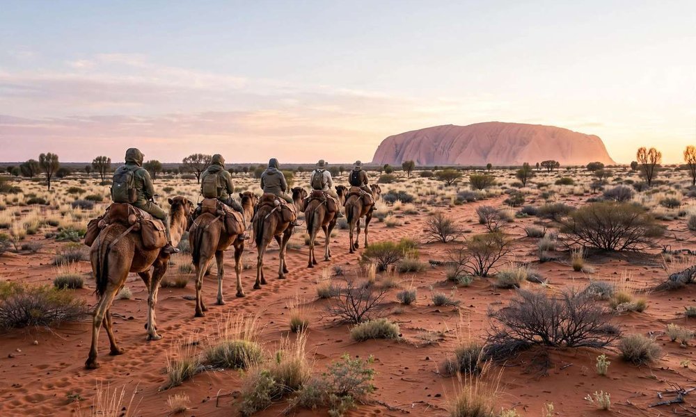 Camel tour crossing the desert near Uluru at sunrise