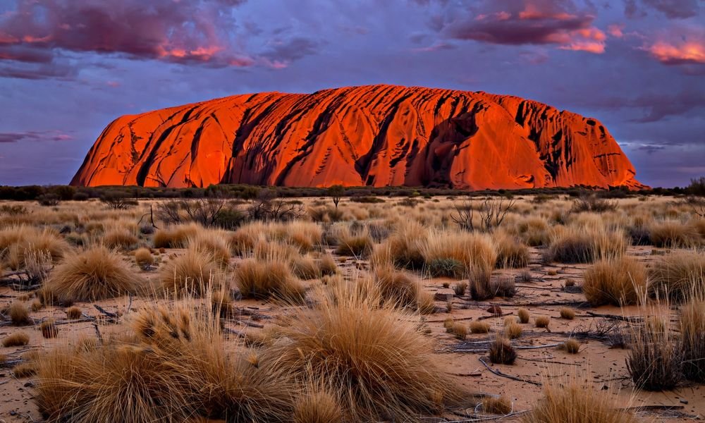 Uluru glowing red at sunset in Uluru-Kata Tjuta National Park