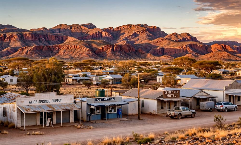 Alice Springs town at golden hour with the MacDonnell Ranges behind it.