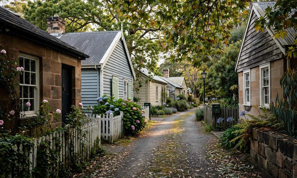Heritage sandstone cottages on a quiet street in Battery Point, Hobart