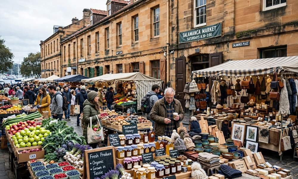 Market stalls at Salamanca Market on a Saturday morning in Hobart, Tasmania