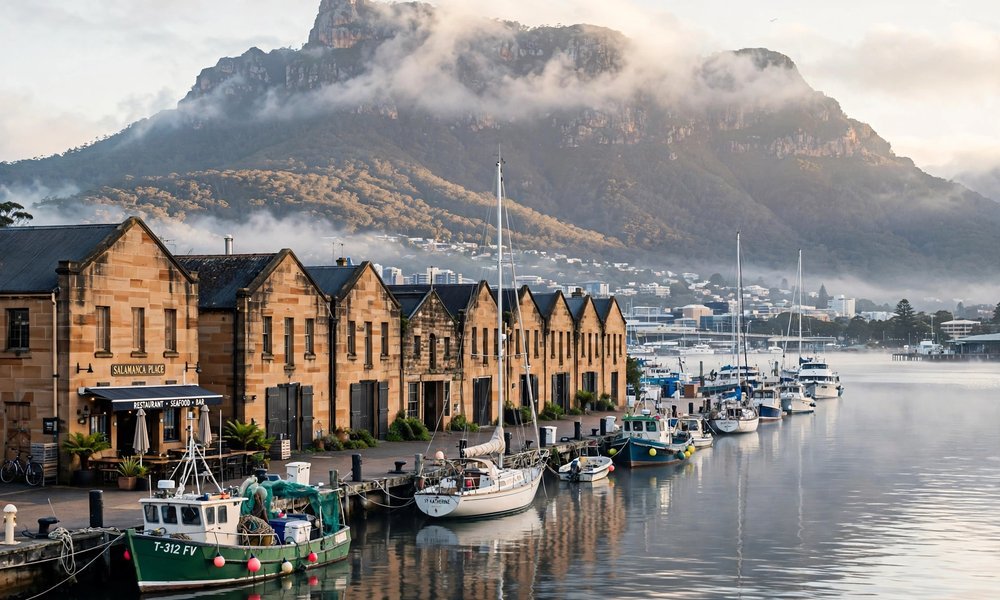Hobart waterfront at Sullivans Cove with moored boats and Mount Wellington behind